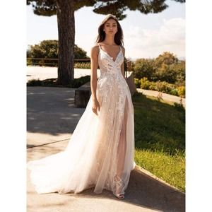 NWT Pronovias Hyperion Off White Blush Beaded Open Back Tulle Wedding Gown